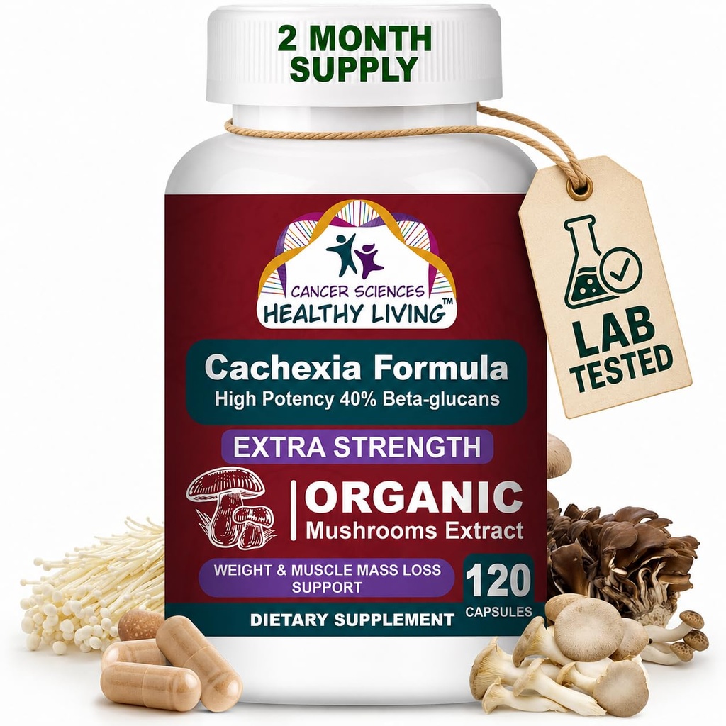 CANCER SCIENCES Cachexia Supplement, USDA Certified Organic Mushrooms Extract Kapsułki, Dodatkowa moc 1500 mg, Wysoka moc 40% Beta- Glukany, Immune & Metabolic Support, Waga & Wsparcie dla masy mięśniowej