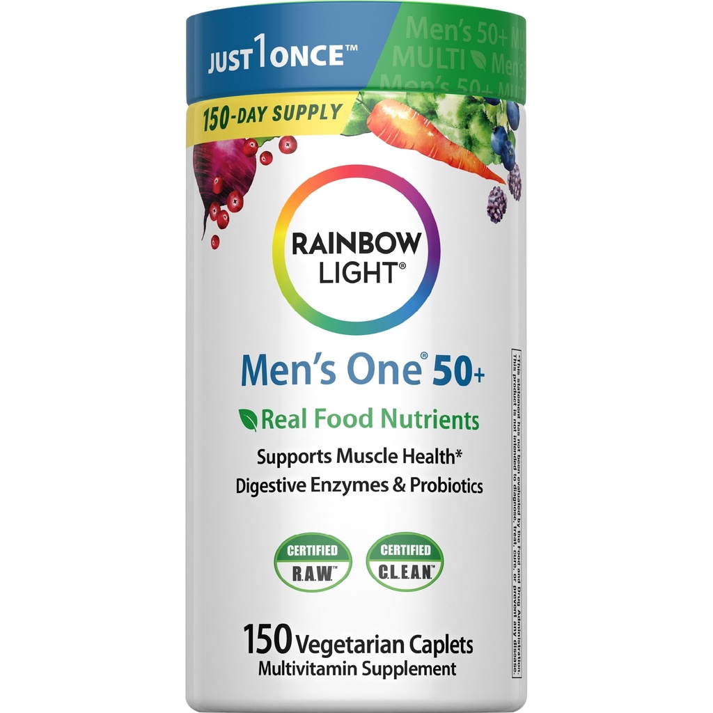 Rainbow Light Multivitamina dla mężczyzn 50 +, Witamina C, D & Cynk, Probiotyki, Mężczyźni jeden 50 + Multivitamina Zapewnia wysoką moc immunologicznego wsparcia, Nie-GMO, Wegetarianin, 150 Tabletki
