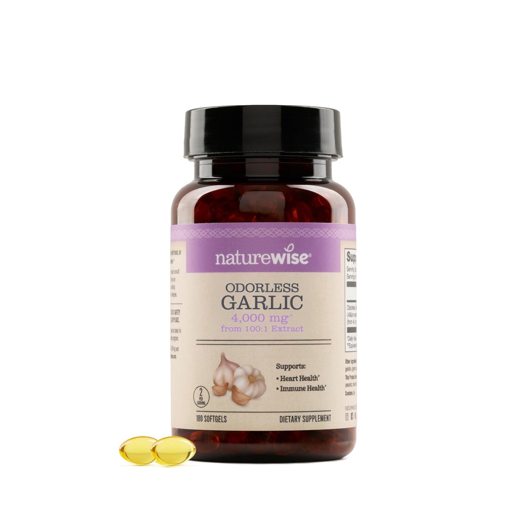 NatureWise Odorless czosnku suplement 4000mg - Ultra Potent 100: 1 Extract - Zdrowy Cholesterol Formuła, Heart Health Support - Non- GMO, Gluten Free, z Halal Żelatyna - 180 Hrabia [90- Day Supply]
