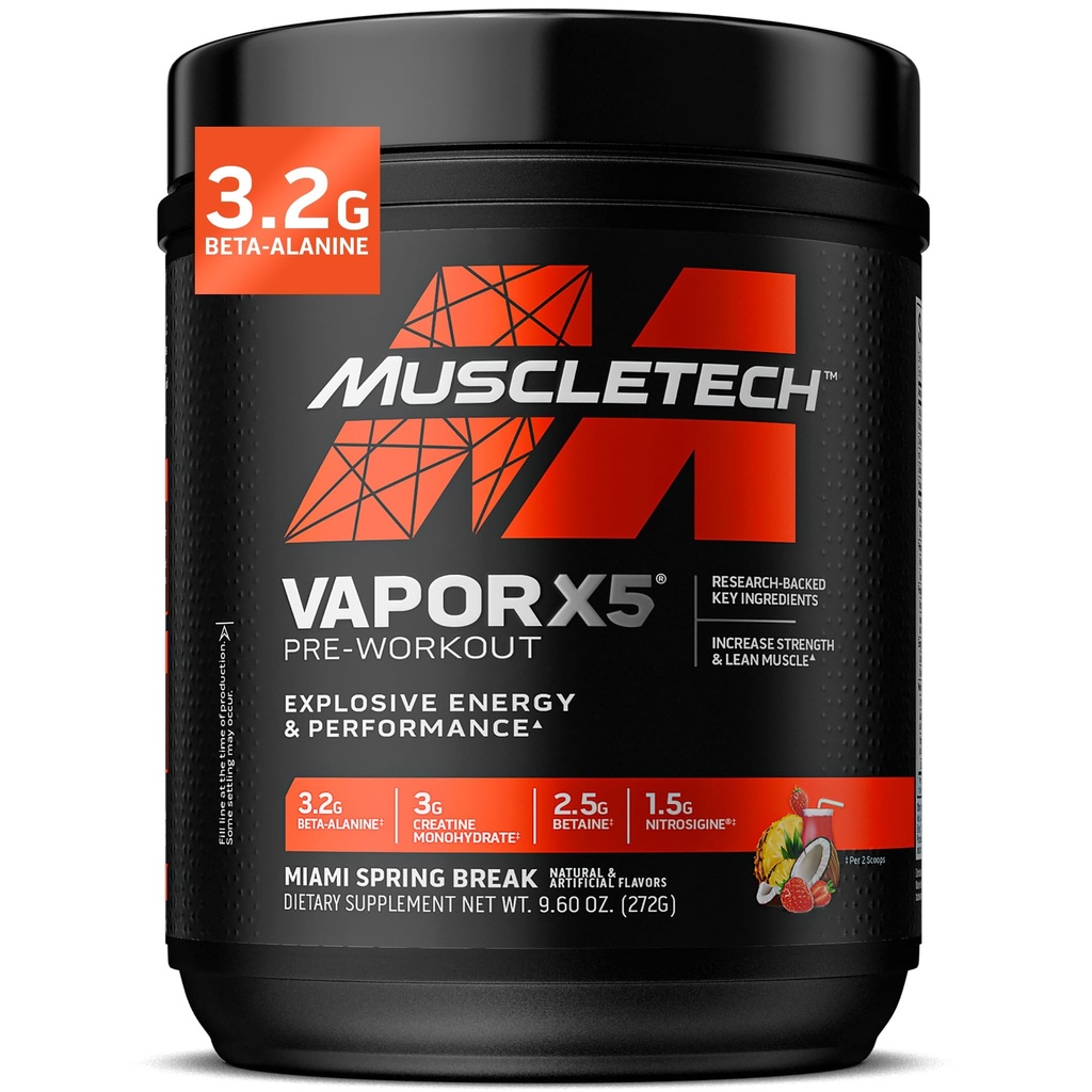 MuscleTech Pre- Workout Powder, Vapor X5 - Sports Nutrition Muscle Building Supplements for Women & Men - Intensywny pompa mięśniowa Energy Powder Drink Mix - Miami Spring Break, 272g (30 Servings)