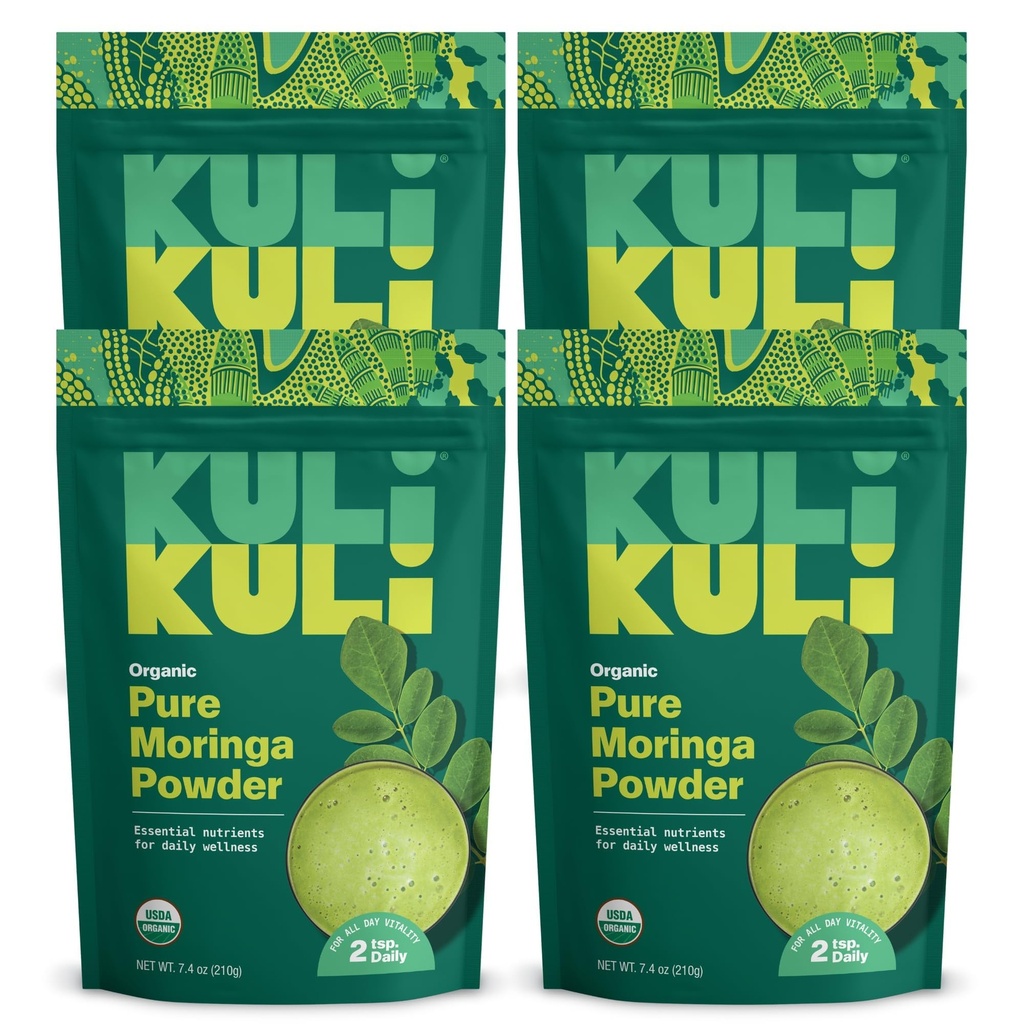 Kuli Kuli Moringa Oleifera Organic Leaf Powder & Green Smoothie, 100% Pure USDA Certified & Non-GMO Moringa Powder, Great with Smoothies, Herbata, i żywności, 4 Pack