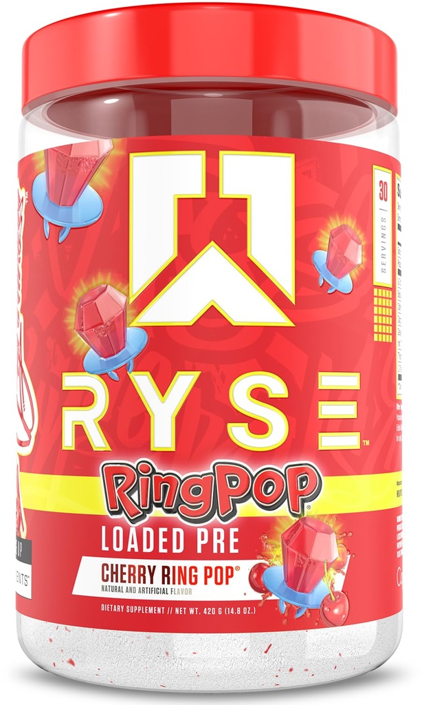 RYSE załadowany przed treningiem proszku - Pierścień Pop Cherry - Codzienne wstępne treningi dla mężczyzn i kobiet z 325mg kofeiny, Beta Alanine i Citruline dla pompy, Focus i energii - 30 Służenia