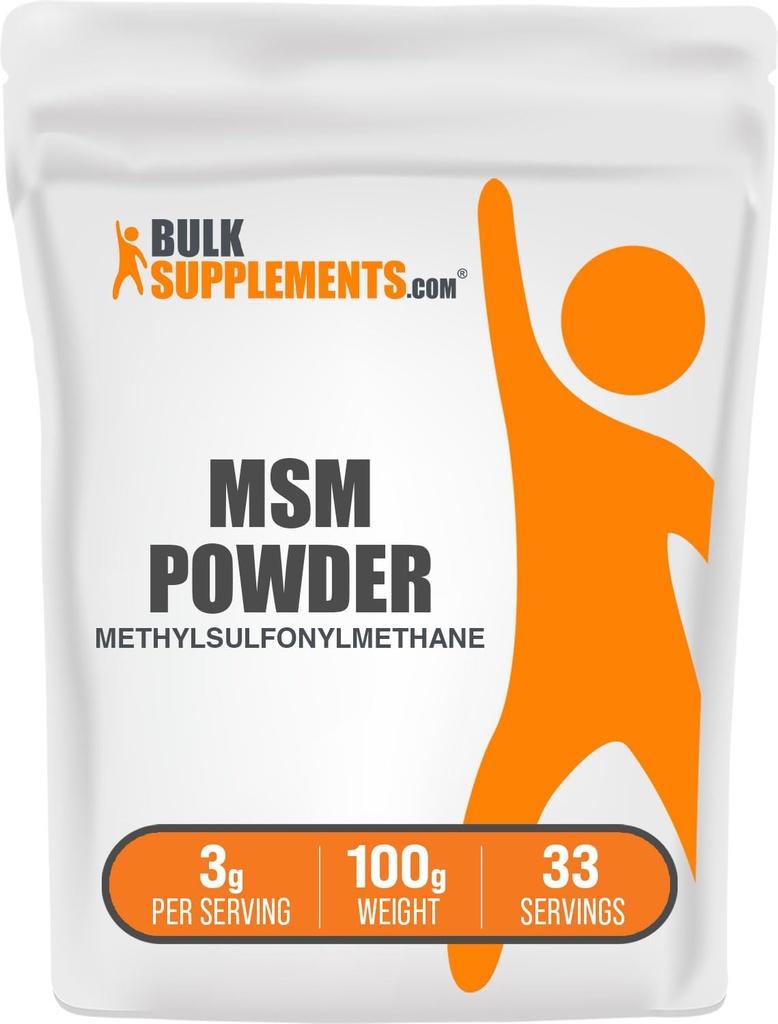 BulkSupplements.com Proszek MSM - Metylosulfonylometan, Suplement MSM, Suplement odżywczy - Bez glutenu, 3g na jedną porcję, 100g (3.5 oz) (Opakowanie po 1)