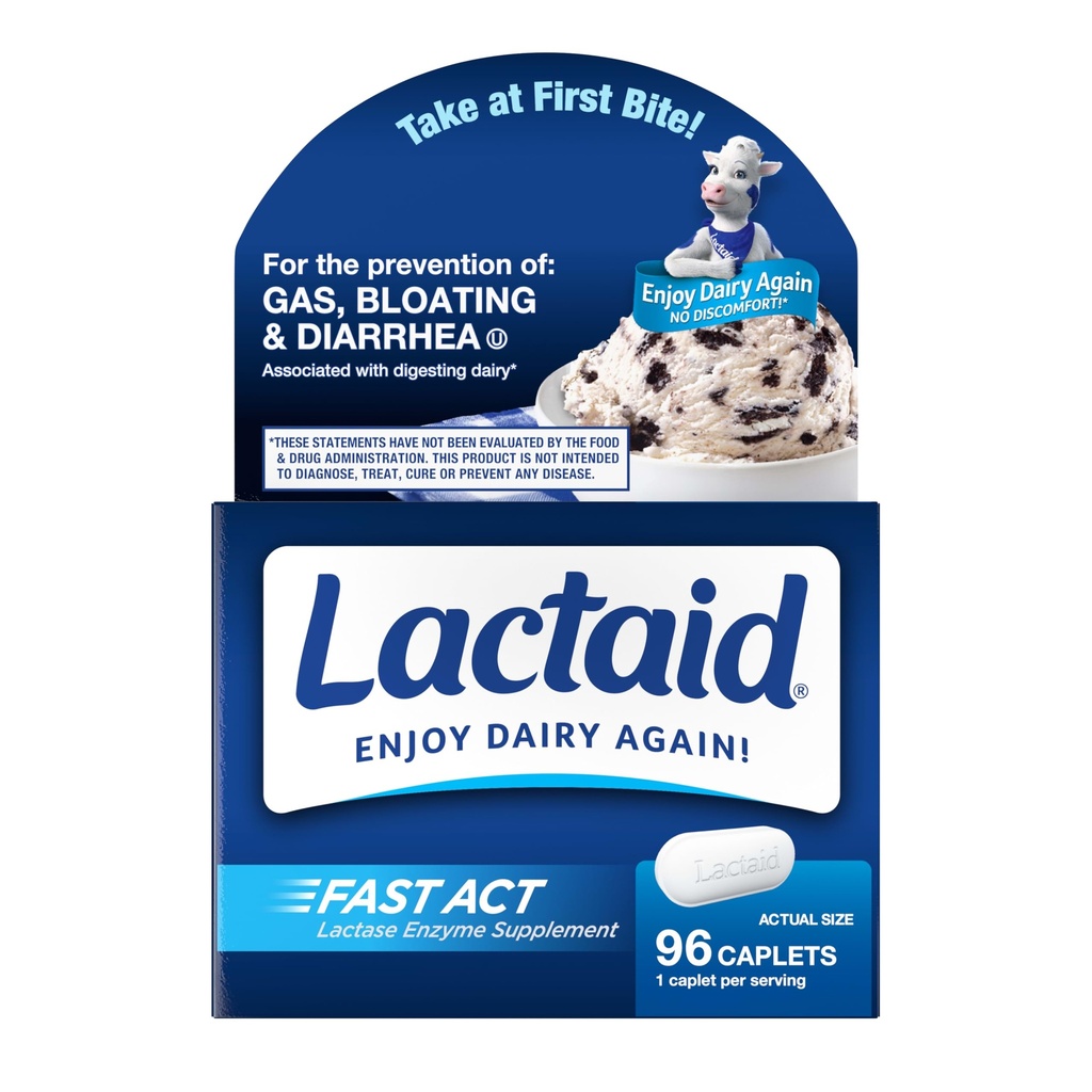 Lactaid Fast Act Laktoza Nietolerancja Kapsułki z Lactase Enzyme, Dairy Relief from Gas, Bloating & Biegunka, 9000 FCC Laktoza Nietolerancja Pigułki, 96 Indywidualne opakowania na podróż (96 x 1 ct)