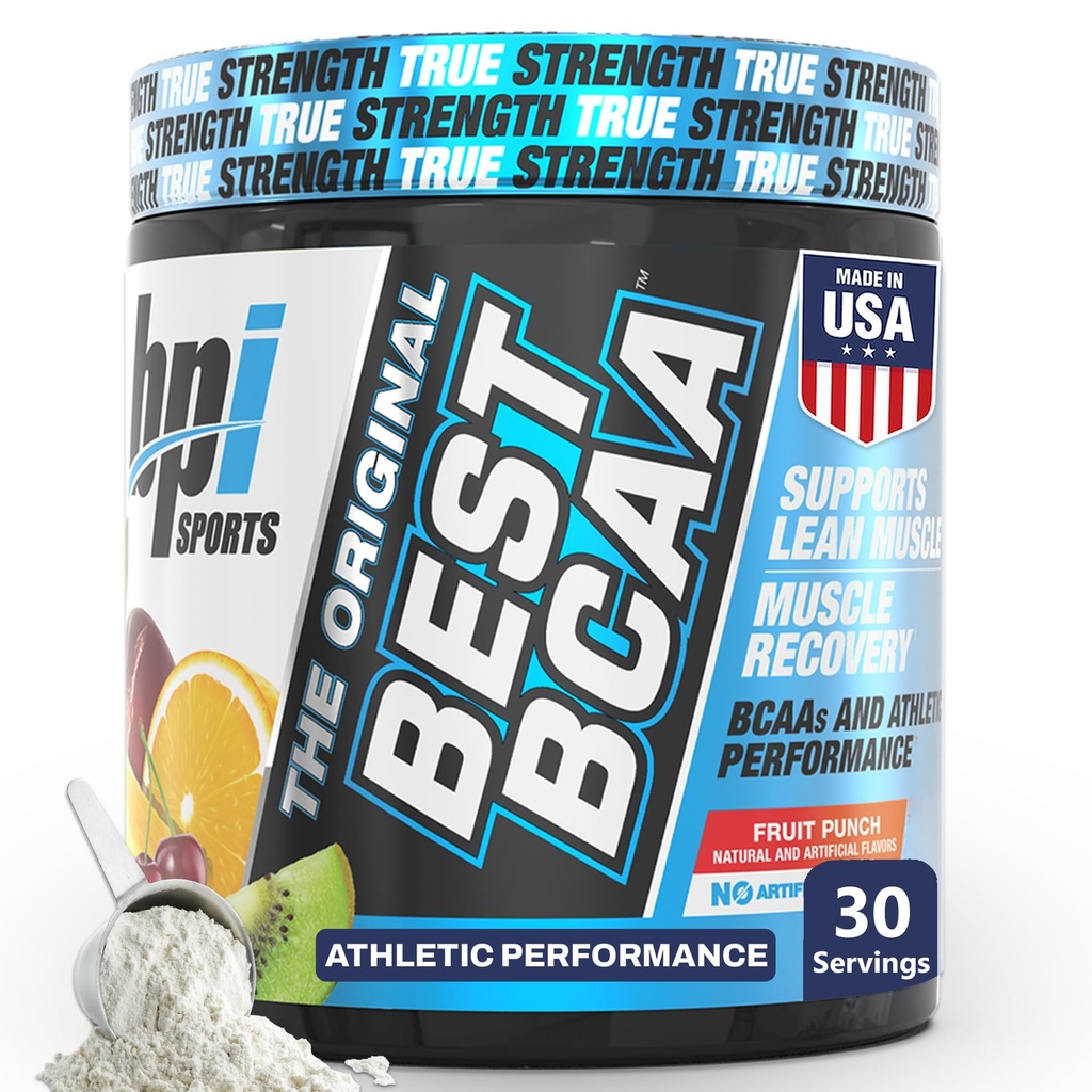 BPI Sports Best BCAA Powder - Wsparcie Odzyskiwania Mięśnie - Branched Chain Amino Acids 124; Bloki budowlane białka i mięśni - Post Workout Recovery - Hydration - Fruit Punch, 30 Służenia