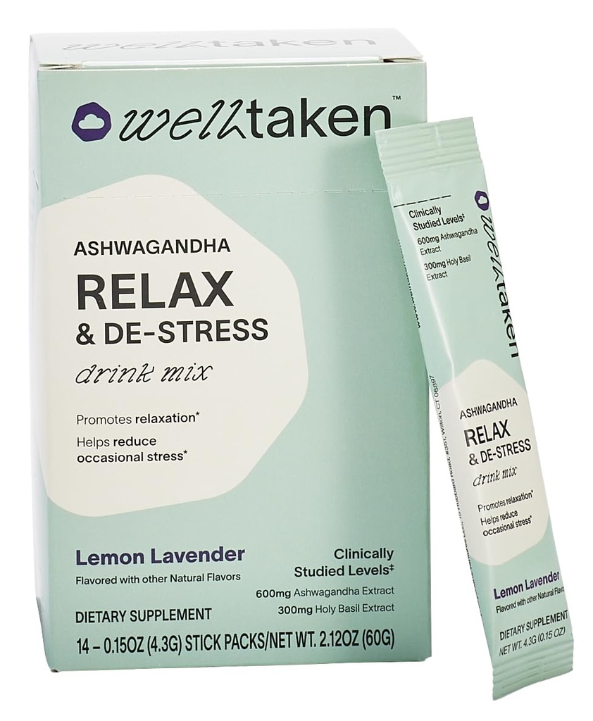 Ashwagandha Relax & De- Stress Powder - Lemon Lavender 14ct Box - 600mg Ashwagandha, 200mg L- Theanine, Święty Basil - Wspiera Stres, Relaks - Wegan, Nie dodawany cukier - 14 Sług