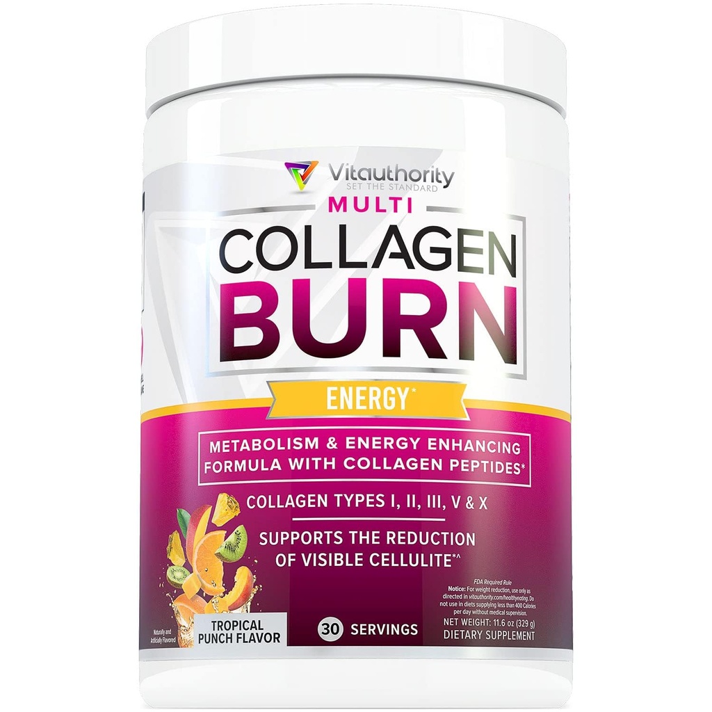 Multi Colagen Burn: MultiType Zhydrolizowane Peptydy białkowe z kwasem hialuronowym, Witamina C, Dimpless BisB, Typy I, II, III, V i X, z kofeiną 30 Słupki Tropical Punch Flavored