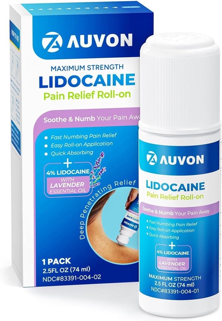 AUVON Lidokaina Roll- On z olejkiem eterycznym, Brak Mess Wnioskodawca, Max Siła Lidokaina, Szybkie Absorbowanie do Numb & Soothe Relief bólu Knees, Shoulders, FSA / HSA Kwalifikujące, Lavender, 2.5 OZ, 1 Pack
