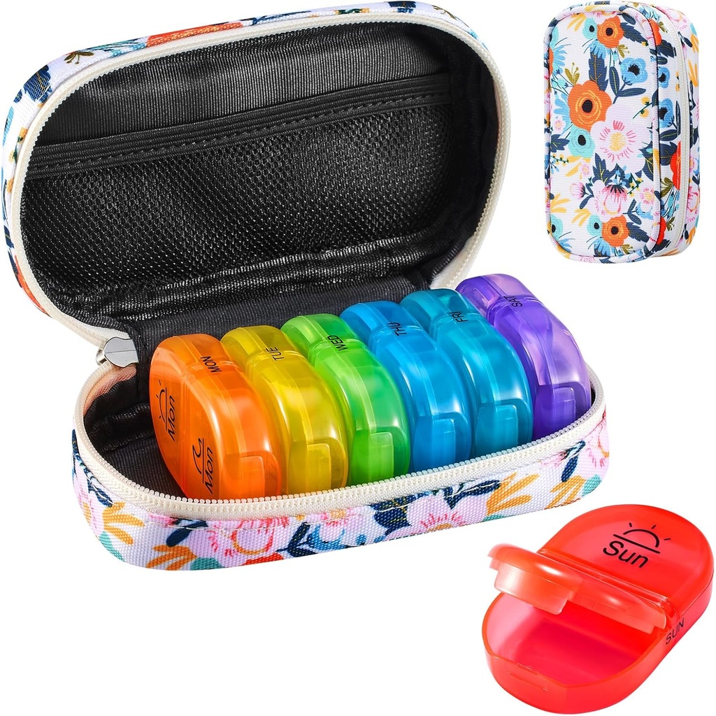 Serfeymi Cotygodniowy Travel Pill Organizator 2 razy w ciągu dnia PM Zmodernizowany Rainbow Pill Box 7 Dzień z przenośnym Zipper Canvas Pill Case, Medicine Organizer for Pills, Witaminy, Oleje rybne - Bloom 01