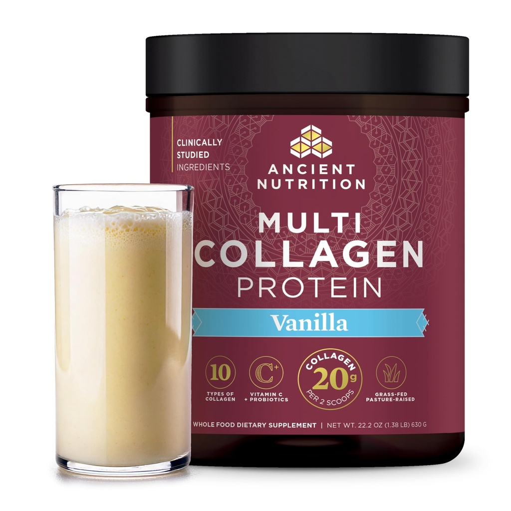 Ancient Nutrition Collagen Peptydes Proszek, Multi Collagen Białko, Kobiety i mężczyźni, Witamina C, Probiotyki, Zhydrolizowane Kolagen, Wspiera Skóra, Łączniki, Gut Zdrowie, Wanilia, 60 Sługi