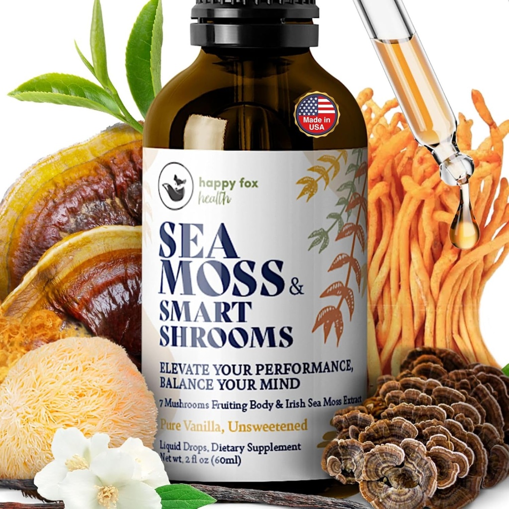HAPPY FOX Irish Sea Moss Liquid Drops & Mushroom Tincture - Seamoss z 7 Adaptogenic Mushroom Extracts for Cognitive Support & Gut Health, Mushroom Coffee Elixir, Pure Vanilla Flavor