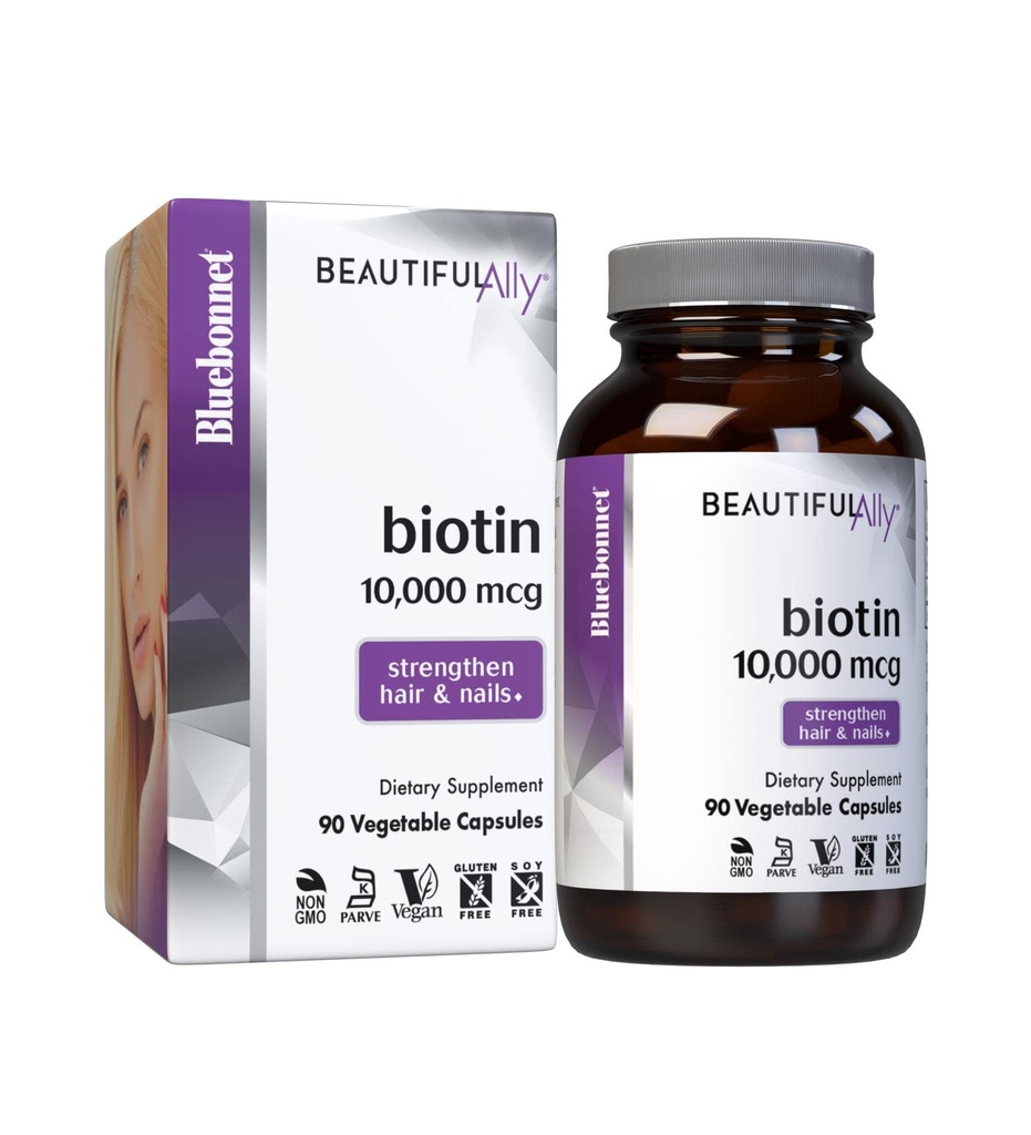 Bluebonnet Nutrition Beautiful Ally Biotin 10,000 µg, Wzmocnienie włosów i paznokci *, Non-GMO, Wegan, Kosher Certified, Gluten- Free, Soy- Free, 90 Kapsułki roślinne, 90 Słupki