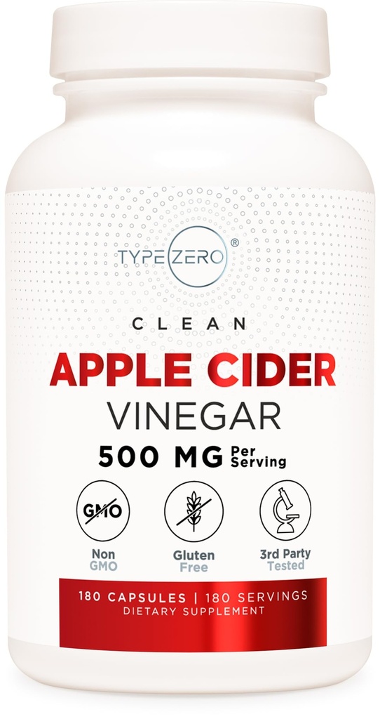 Typ Zero Jabłko Cydr Kapsułki ocet (180 Count) 500mg na porcję - Non-GMO, Gluten- Free Supplement