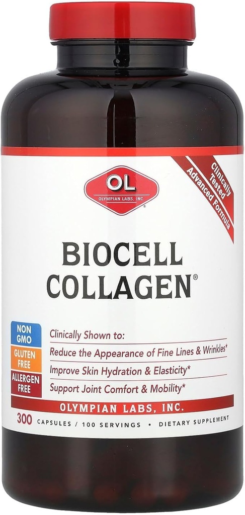 Olympian Labs Biocell Collagen II 1500mg Supples Kapsułki Non-GMO, Gluten- Free, Allergan- Free - Wspiera Skóra & Joint Health and Cartilage Producing Cells - Luzem 300 Kapsułki (100 Day Supply)