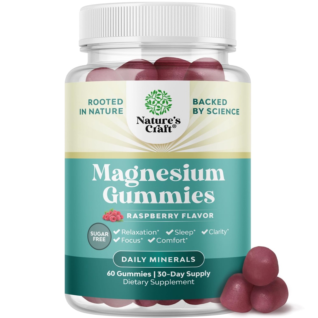 Sugar-Free Extra Siła Scalm Magnezu Gummies dla dorosłych - Relaksujące Gummies Magnezu Citrate z Mag Elemental - Pomoc Sleep Soft Chews Raspberry Flavored - Body & Mind Relaxation - 60 Count