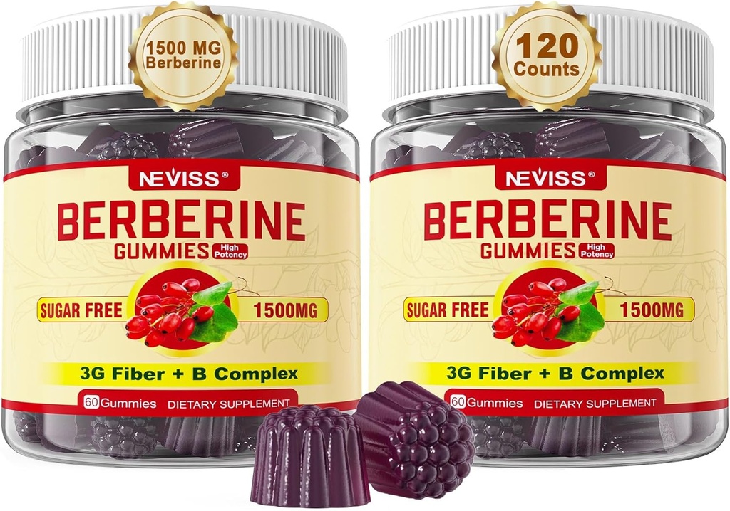 NEVISS Berberine Supplement 1500mg, AMPK Activator with 3G Prebiotic Fiber, B1 B3 B6, Sugar Free Berberine HCL Gummies for Women and Men - Wspiera system immunologiczny, Digestive, 2pack 120 Cts