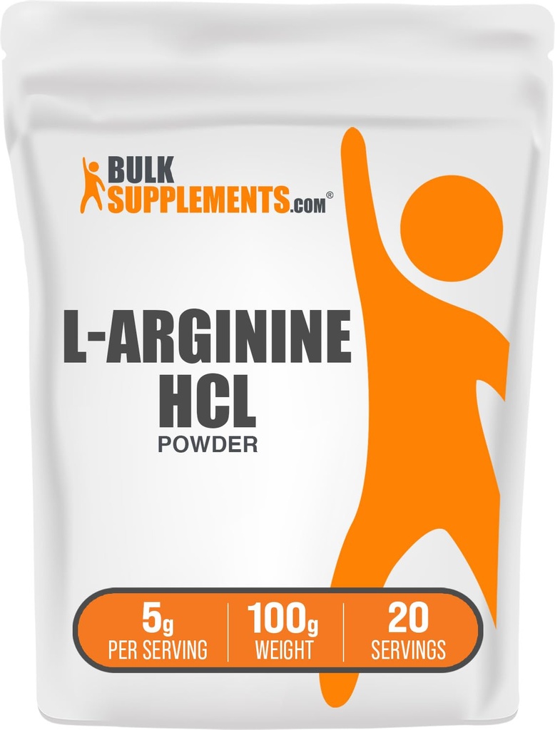 BulkSupplements.com L- Arginine HCl Powder - Suplement tlenku azotu, Arginina Powder - Unflavored & Gluten Free, 5g per Serving, 100g (3.5 oz) (Opakowanie po 1)