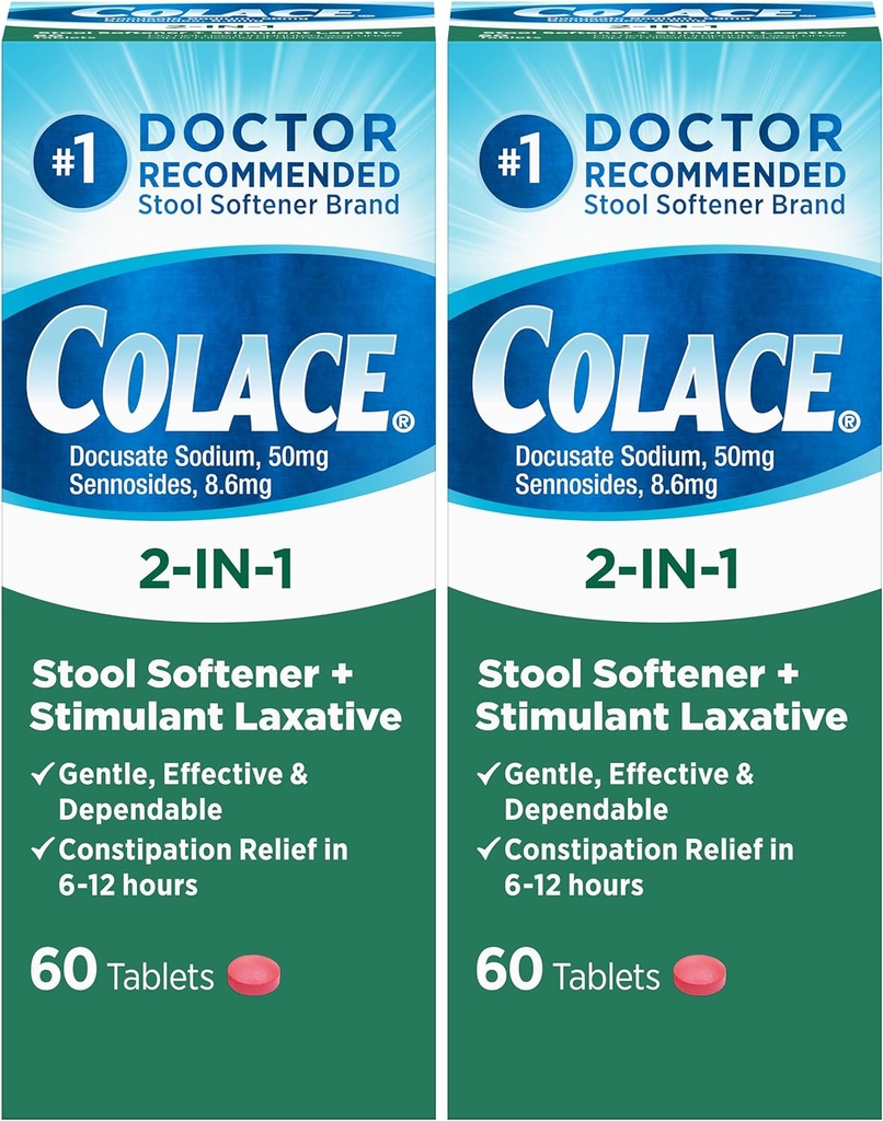 Colace 2- in-1 Stool Softener Plus Stymulant Laxative dla łagodnego skutecznego odparowywania, Docusate Sodu Plus Sennosides, 60 Count (Pack of 2)