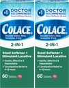 Colace 2- in-1 Stool Softener Plus Stymulant Laxative dla łagodnego skutecznego odparowywania, Docusate Sodu Plus Sennosides, 60 Count (Pack of 2)