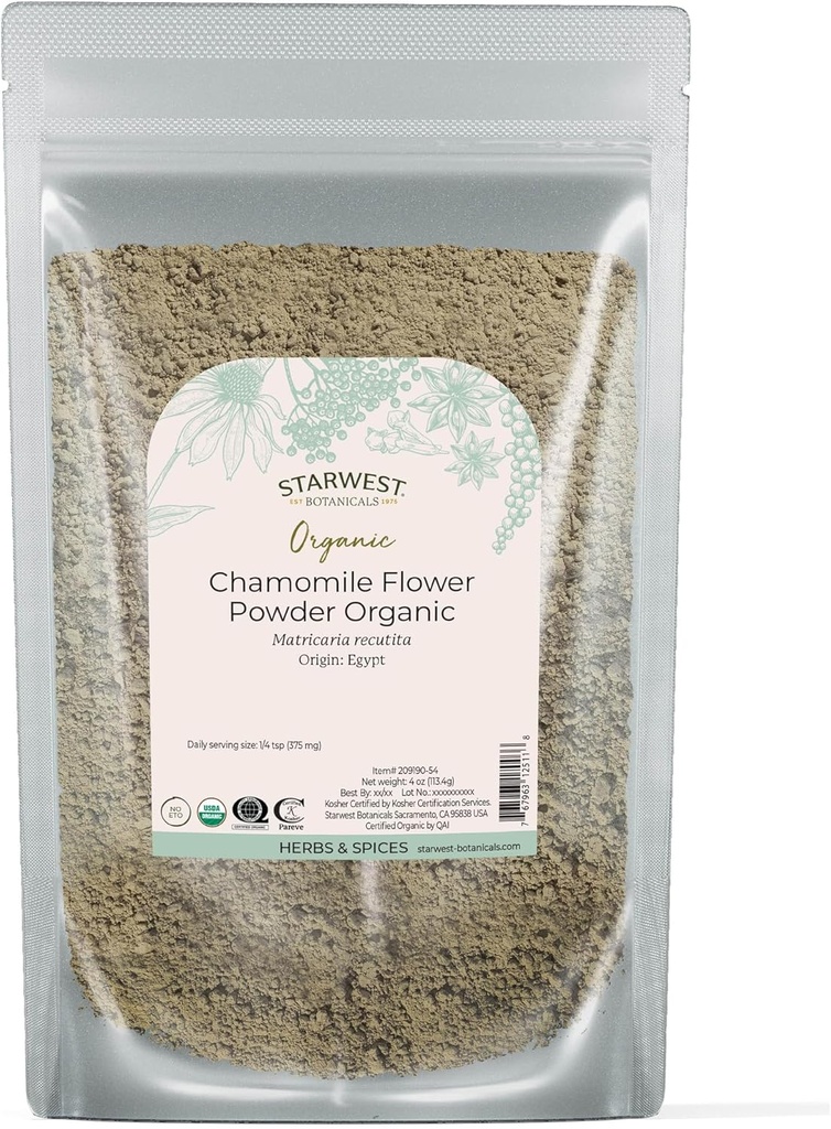 Starwest Botanicals organiczny kwiat rumianku w proszku - Suszony Loose Leaf Herb na herbatę, Płyny ziołowe, & Pieczenie, Sourced from Egypt, Certified Kosher, Non-GMO - 4 oz Pouch