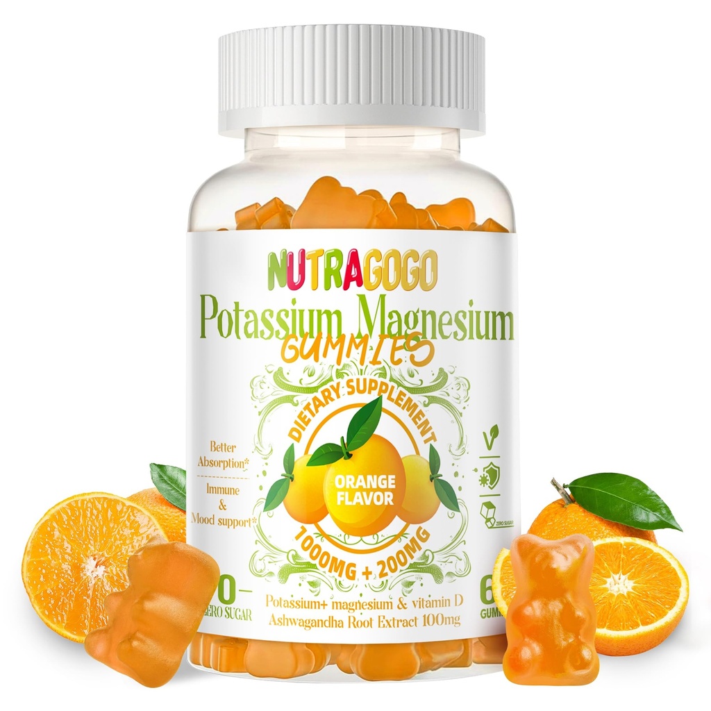 Gummies magnezowy potasu, Suplement potasu w / Ashwagandha, Glycinat magnezowy o wysokiej absorpcji, B6, D3, Cytrynian potasu dla krabów nóg, Mięśnie, Electroyte dla dorosłych dzieci, Bezcukrowy, 60 Gummies