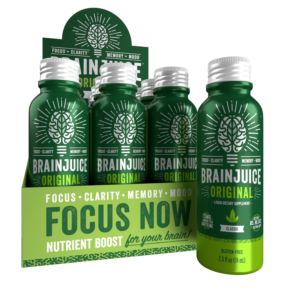 Sok BrainJuice Focus & Energy Drink Shots, Nootropiki z Alpha GPC, B Witaminy i ekologicznej zielonej herbaty kofeiny, Wspiera Focus, Pamięć i klarowność, Non-GMO, Gluten Free, Classic, 2,5 fl oz, 12 Pack