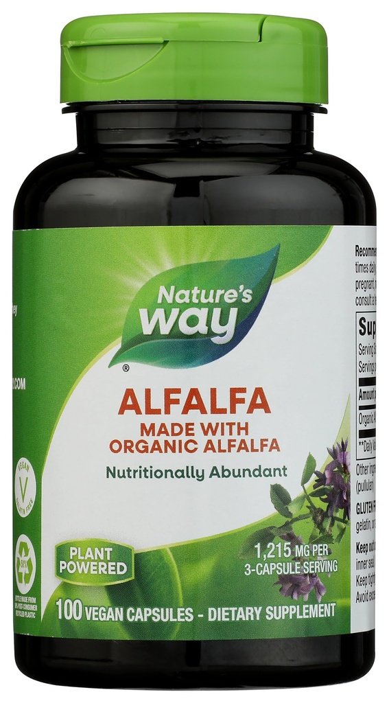 Nature 's Way Alfalfa, Made With Organic Alfalfa, 1,215 mg na 3-kapsułkowe podawanie, Alfalfa Herbal Capsule, Gluten Free, Vegan, 100 Kapsułki (Packaging May Vary)
