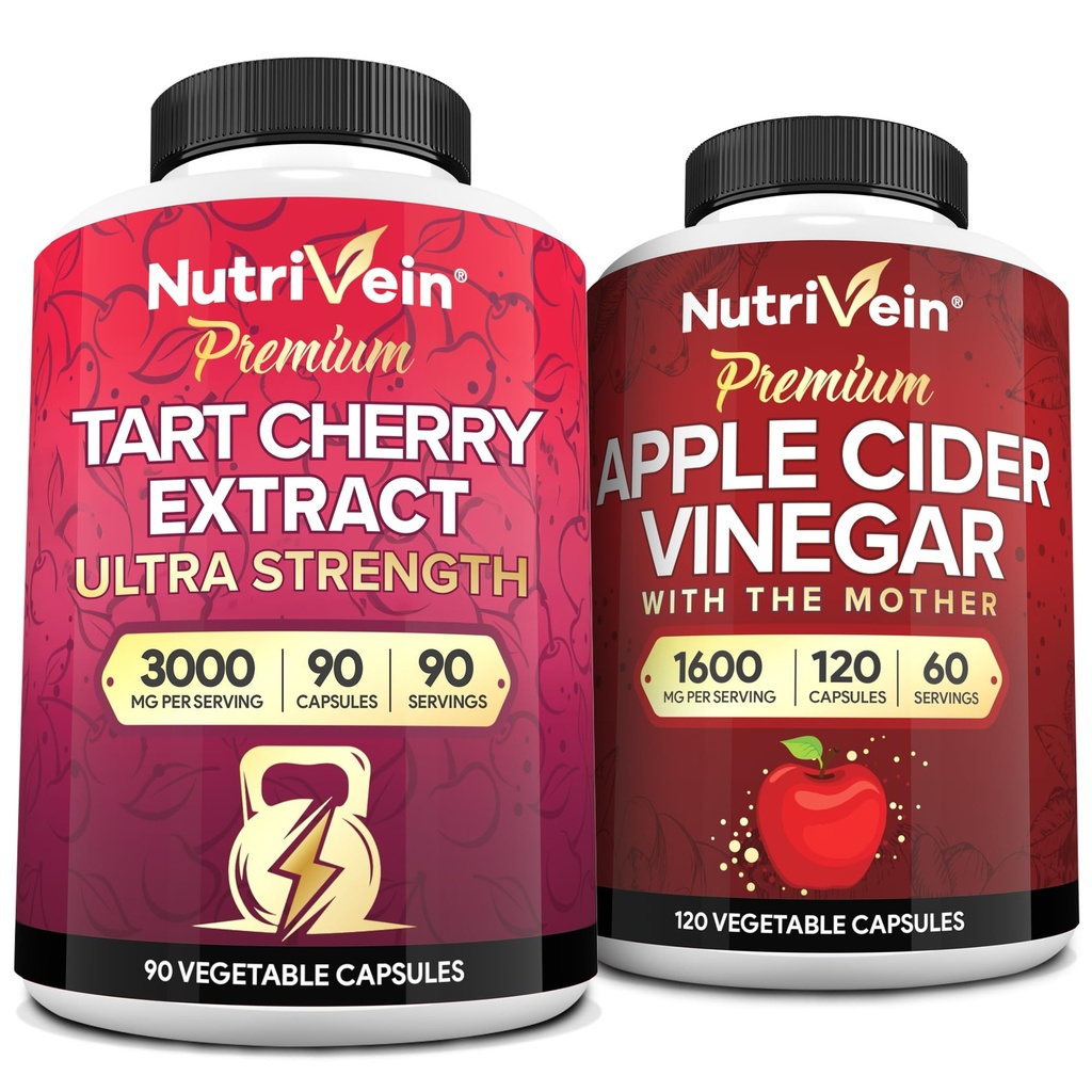 Żywotne żyły Premium Tart Cherry 500mg & Apple Cider Vinegar 1600mg Bundle - Odzysk mięśni & Kwas moczowy Cleanse Plus Wsparcie trawienia & Zarządzanie wagą - Non-GMO, Wegan / Wegetarianin - 90 + 120 tabletek