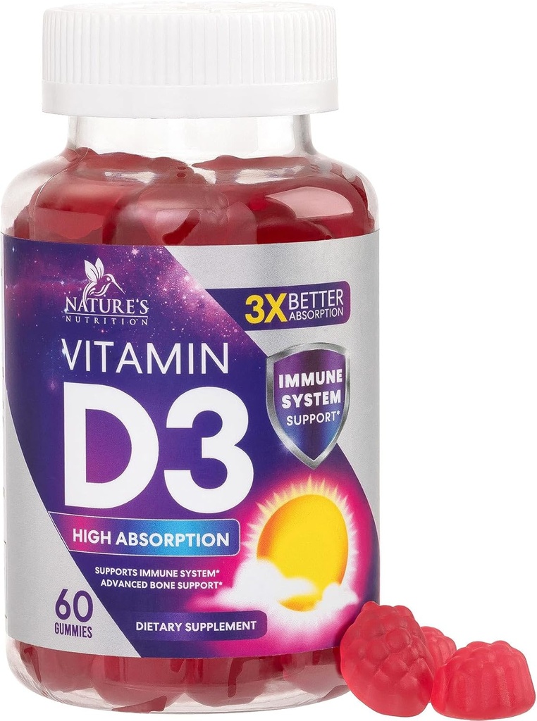 Witamina D3 Gummy 5000 j.m. (125 μg) - Suplement diety witaminy D dla kobiet i mężczyzn - kości, zębów, mięśni i immunologicznego wsparcia zdrowia, wysokiej mocy VIT D3 Nature 's Non-GMO & Gluten Free - 60 Gummies