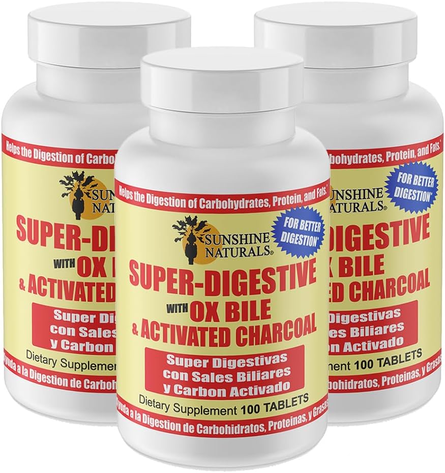 Sunshine Naturals Super suplement diety. Ox Bile & Aktywowany Węgiel Węgla do Poparcia Digestive, Bloating Relief, Gut Cleanse, Wchłanianie składników odżywczych, i ogólne Wellness. 100 tabletek. Opakowanie zawierające 3