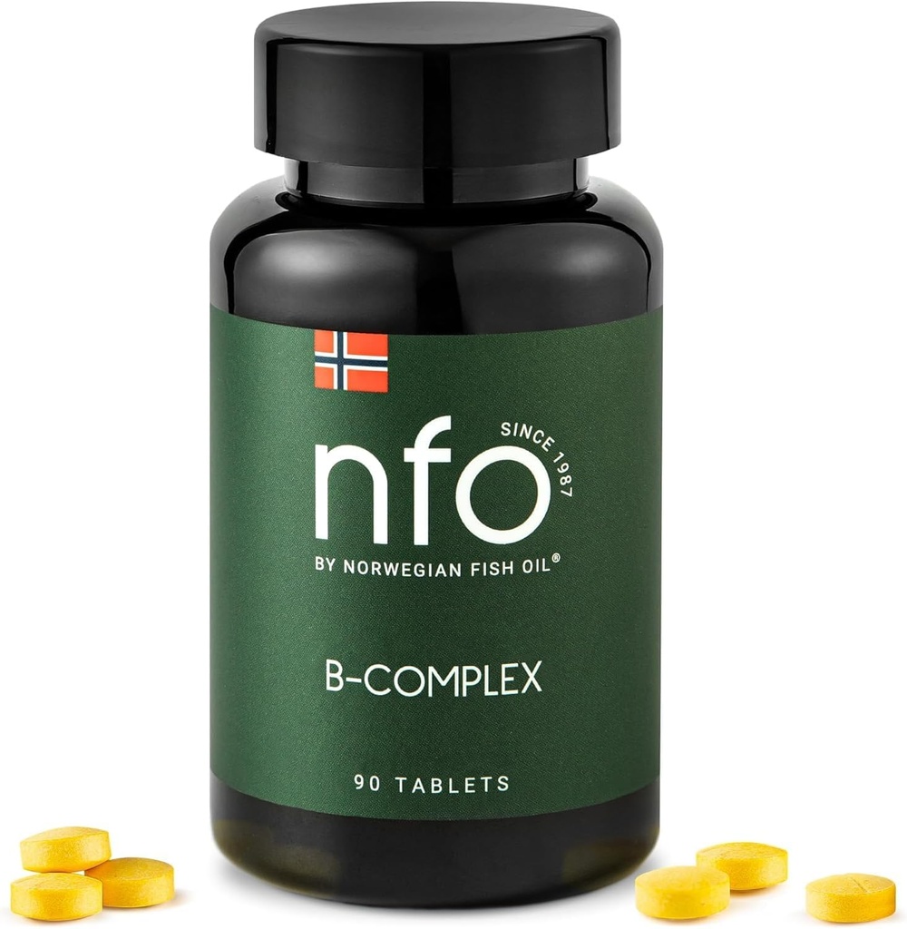 NFO Witamina B Complex [90 Tablets] Norweski Naturalny Kompleks Wysokodawkowy Multivitamin z grupy B w łatwo dostępnej formie: B1, B2, B3, B5, B6, B9, B12 dla mężczyzn i kobiet Made in Norway