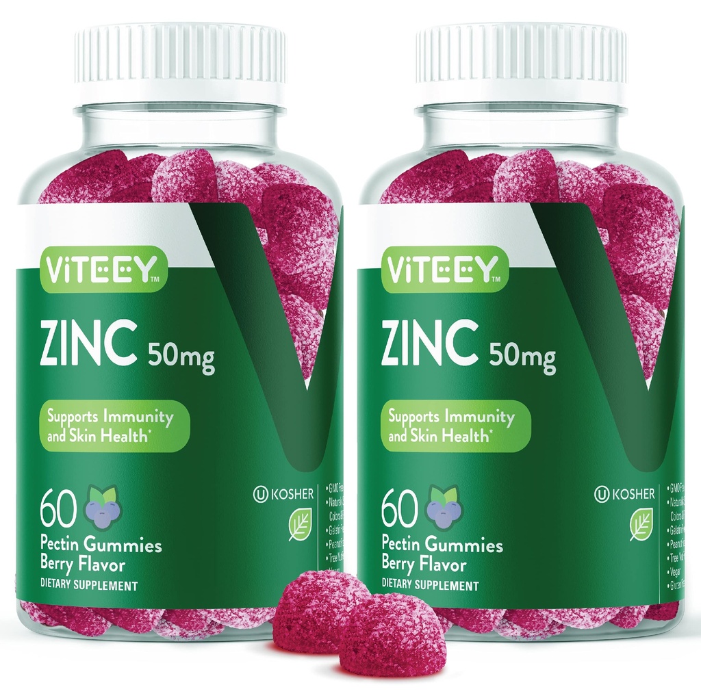 VITEEY Gummeje cynku dla mężczyzn i kobiet - Suplementy cynku 50mg - Immune Boost & Skin Health - Wegan, Gluten Free - 120 Count