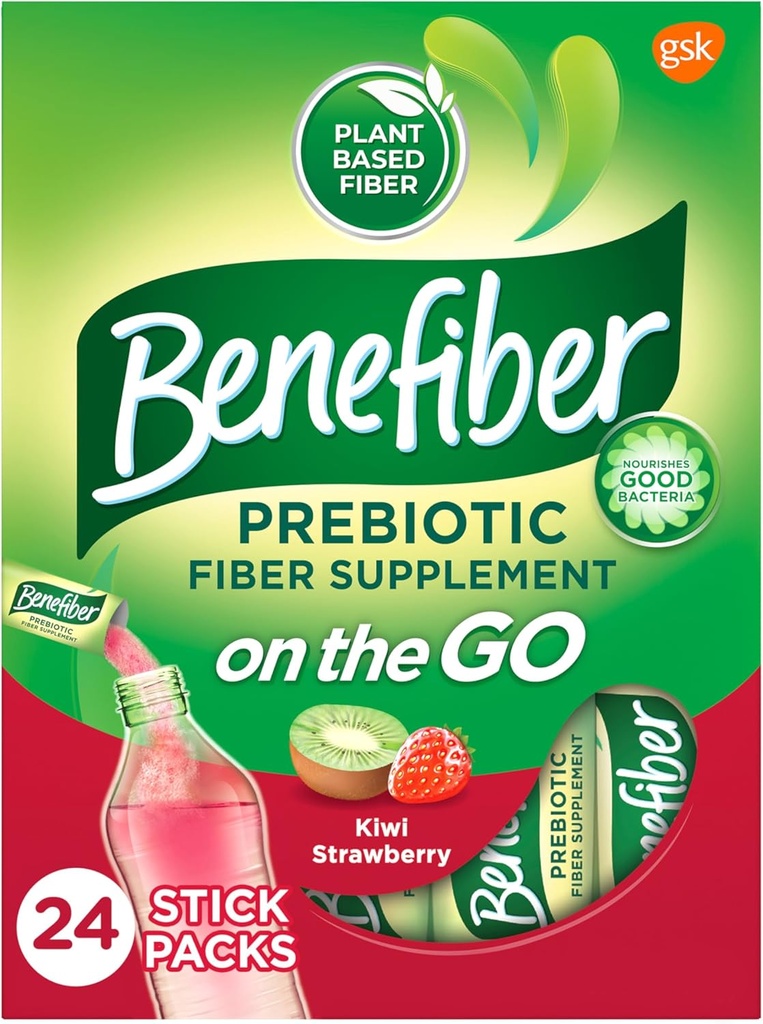 Benefibre On the Go Prebiotic Fiber Supplement Powder for Digestive Health, Daily Fiber Powder, Kiwi Strawberry Flavor Puder Stick Packs - 24 Sticks (5.28 Ounces)