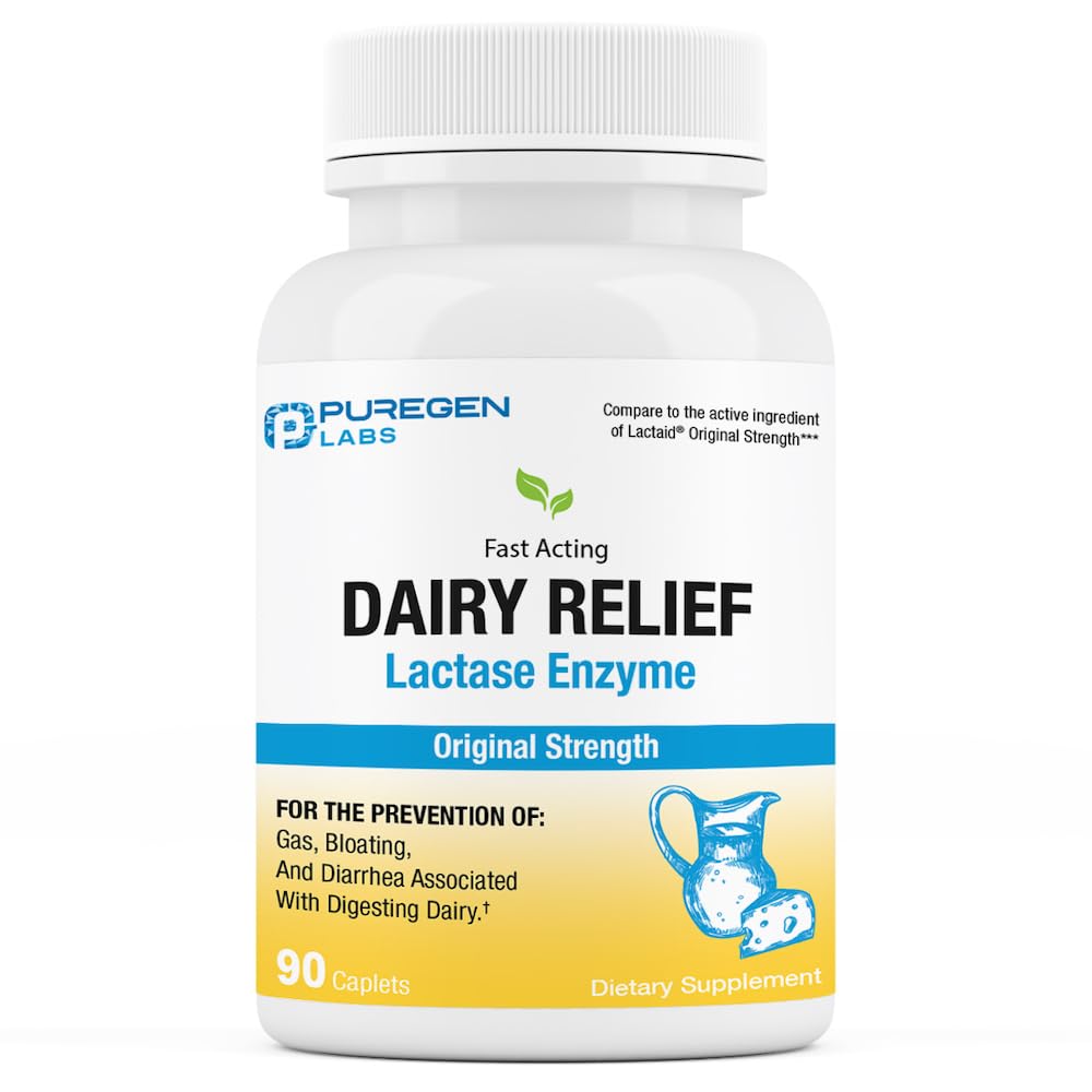 Puregen Labs Dairy Relief Natural Fast Acting Lactase Enzyme 3000 FCC, Laktoza Nietolerancja Pigułki 90 Kapsułki