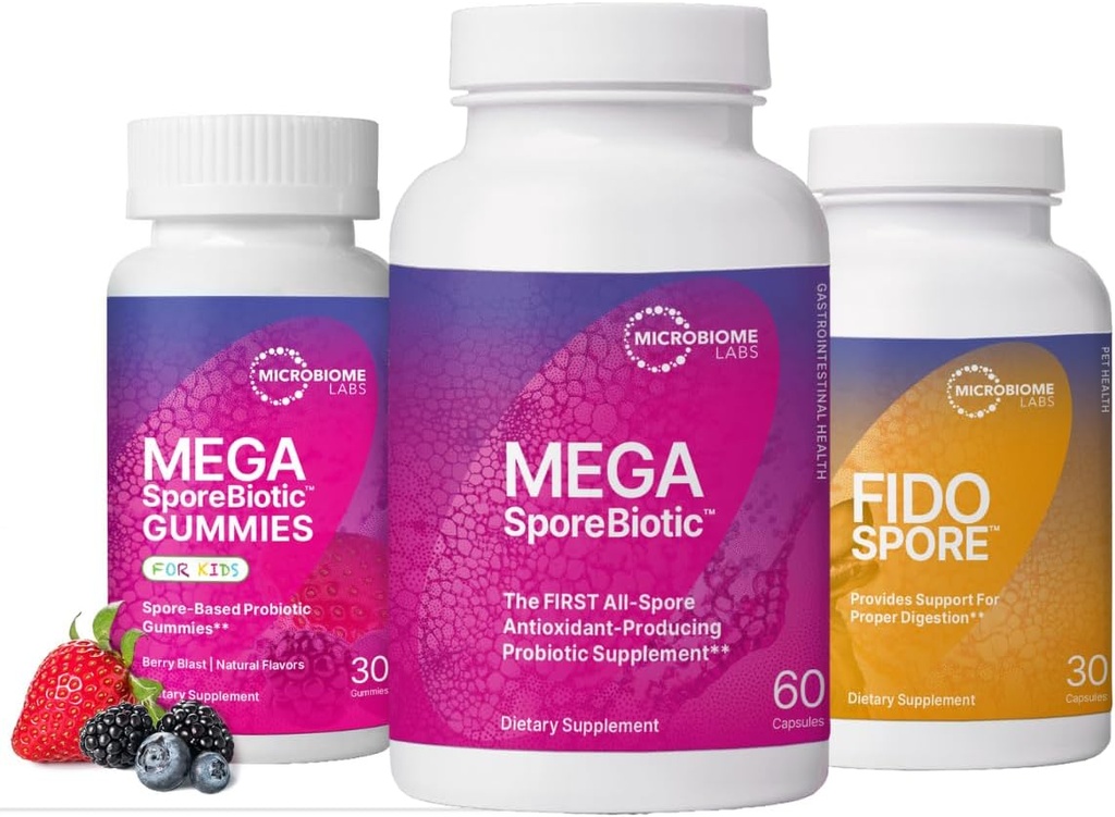 Mikrobiome Labs Whole Family Probiotic Bundle - MegaSporeBiotic dla dorosłych, Probiotyczne Gummies dla dzieci i FidoSpore Probiotyki dla psów i kotów