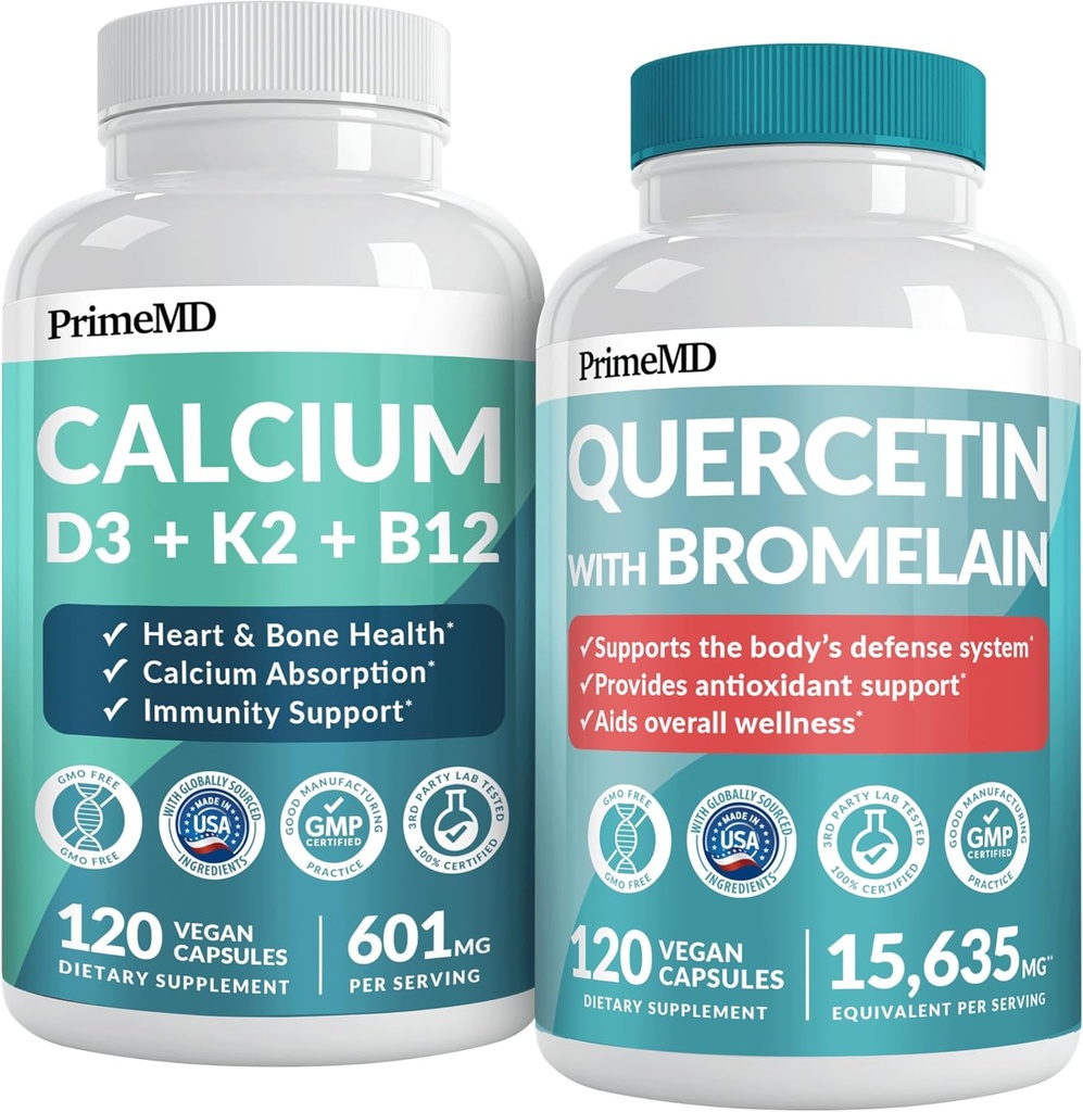 PrimeMD 4- in-1 Suplementy wapnia dla kobiet i mężczyzn lub serca, Osłony kości i ciała (120 ct) & 28- in-1 Quercetin z suplementem bromelainowym - Quercetin 500 mg kapsułki do wsparcia immunologicznego (120 ct)