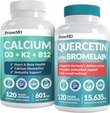 PrimeMD 4- in-1 Suplementy wapnia dla kobiet i mężczyzn lub serca, Osłony kości i ciała (120 ct) & 28- in-1 Quercetin z suplementem bromelainowym - Quercetin 500 mg kapsułki do wsparcia immunologicznego (120 ct)