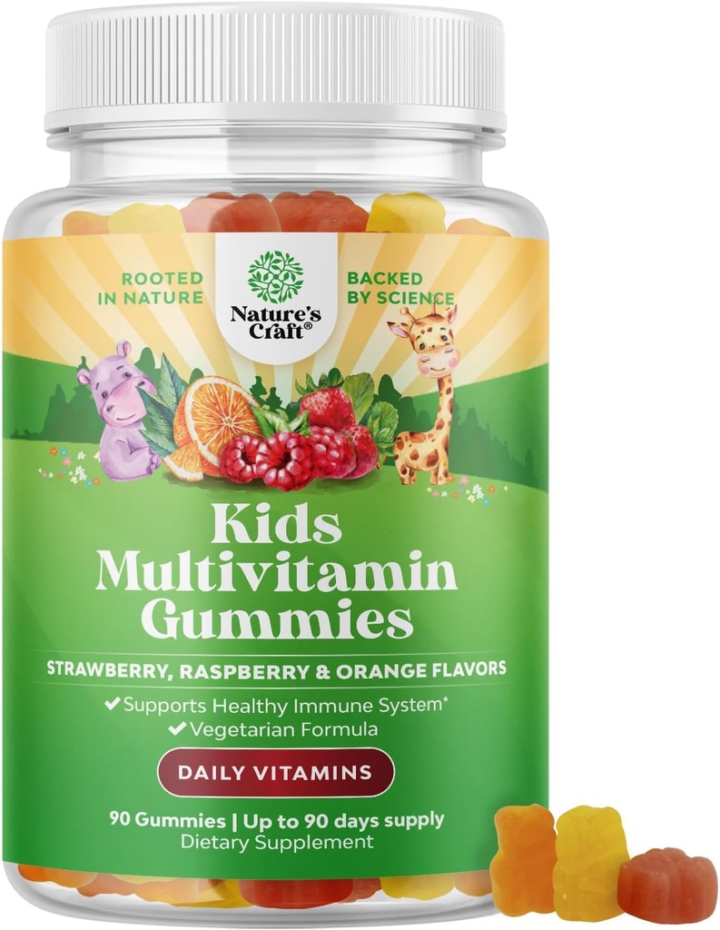 Dzieci na bazie roślin Gummeje multiwitaminowe - Multiwitamina dla dzieci Wsparcie immunologiczne z witamin A, C, D3, E, B6 i B12, Cynk i jod - Witaminy dla dzieci Formuła do żucia dla silnego zdrowia - 90