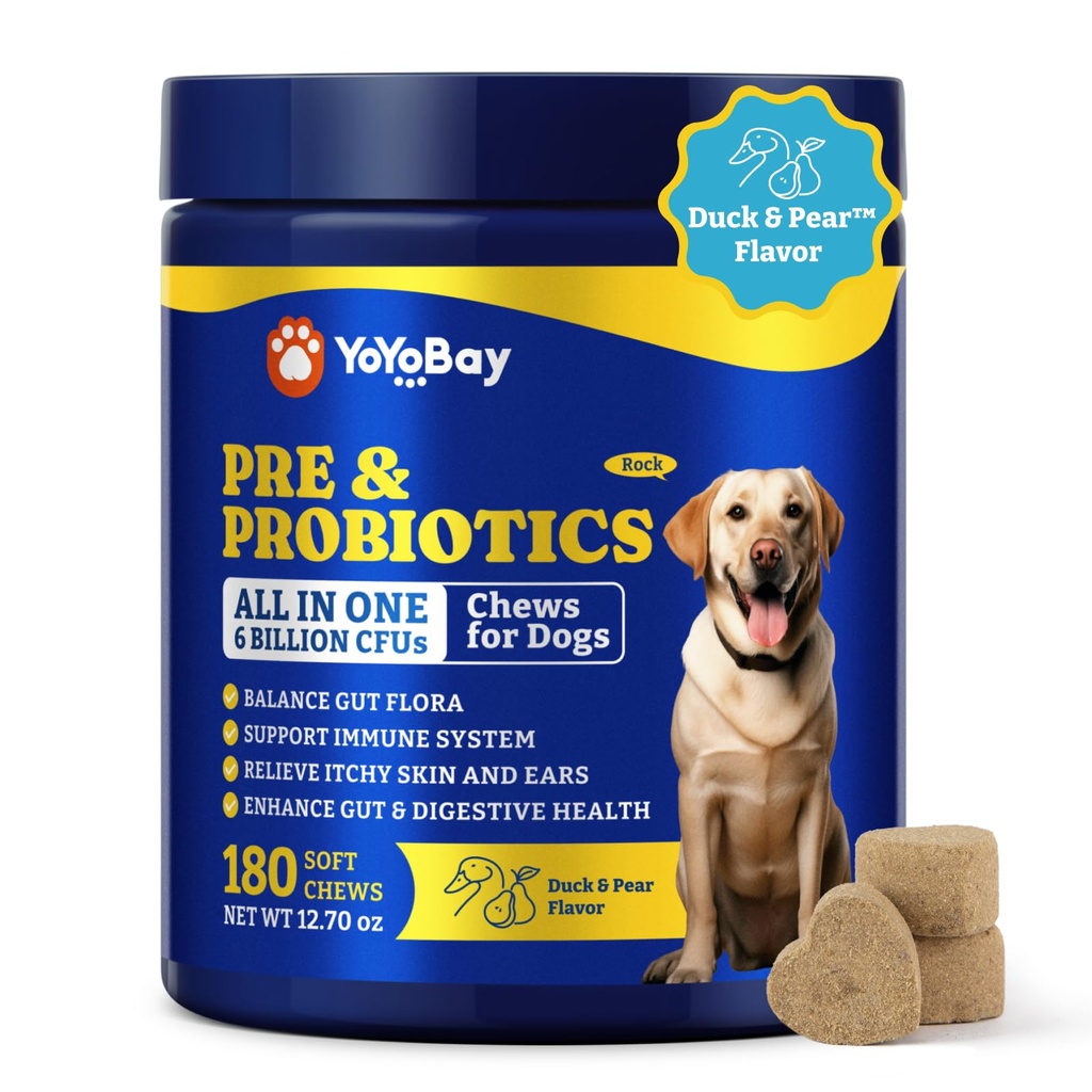 Probiotyki dla psów - Probiotyki dla psów dla zdrowia trawiennego, Yeast, Swędzonej Skóry, Gut Zdrowie, Immune & Skin - 6 Miliard CFU, 180 Soft Chews, Duck & Gruszowy Flavor - z Prebiotyki i Enzymy Digestive