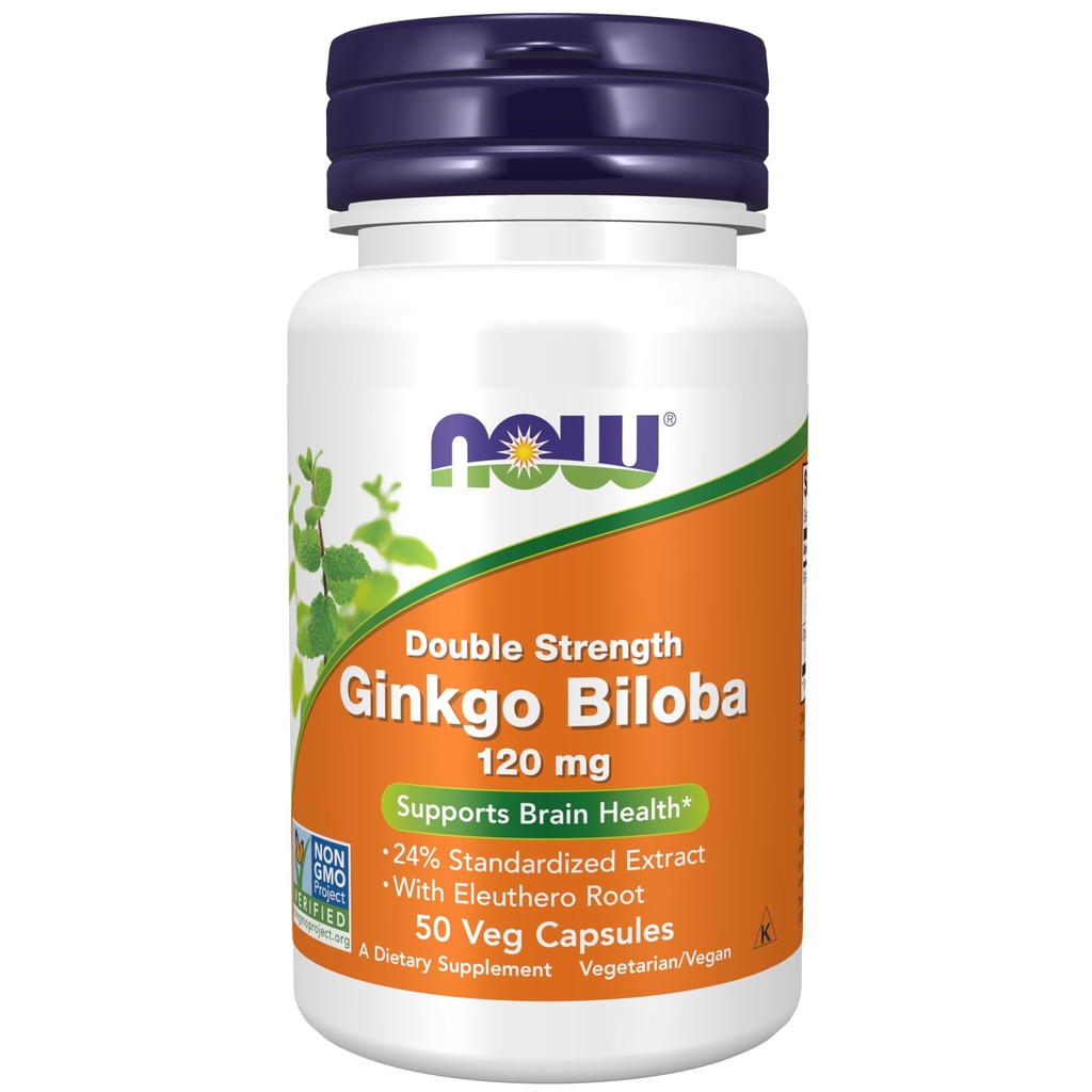 Teraz żywności Suplementy, Ginkgo Biloba 120 mg, podwójna siła, NieGMO Projekt zweryfikowany, 50 Kapsułki Veg