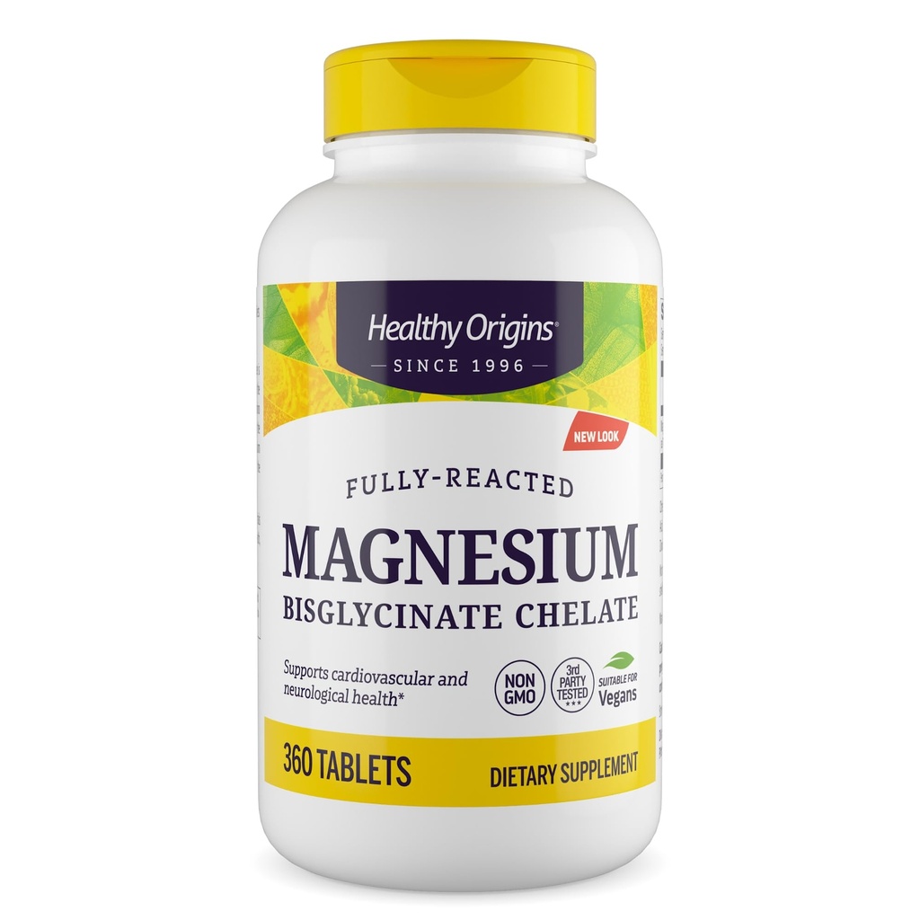 Healthy Origins Magnezu Bisglicinate Chelate (Non- GMO, Gluten Free, Wsparcie sercowo-naczyniowe, Wsparcie dla kości, Wsparcie neurologiczne, Wegan), 360 Tabletki