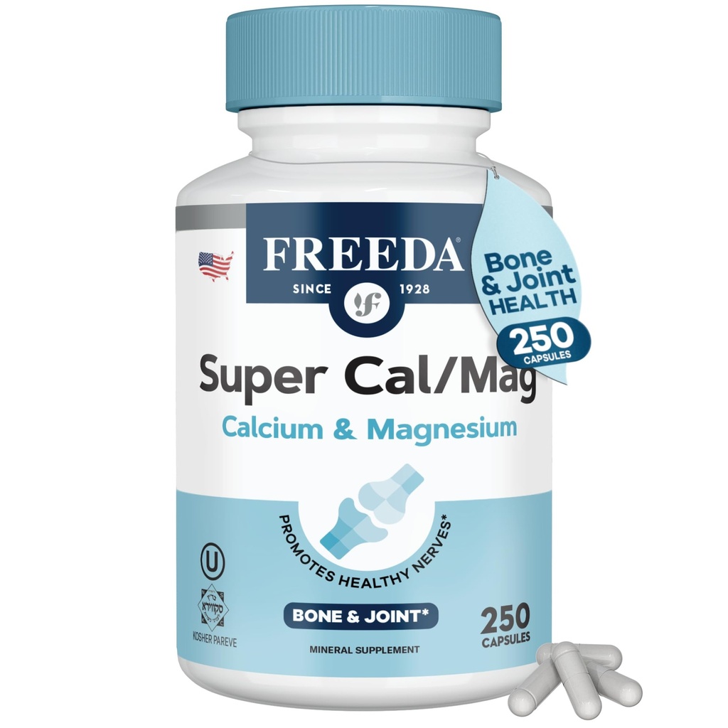 Freeda Super Cal / Mag - Kosher Vegan Bone Health Supplement - Wspiera wytrzymałość kości, Nerwy Function & Relaksja mięśni - Kapsułki wapniowe Wegetariańskie Magnezu - Trzydzieści Party Tested - 250 Kapsułki