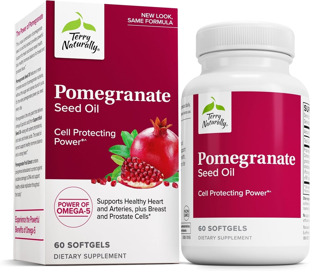 Terry Natural Pomegranate Seed Oil - Suplement diety do wsparcia zdrowia układu sercowo-naczyniowego - Herbal Non-GMO Suplement z Omega- 5 & Granat Extract - 60 Softgels