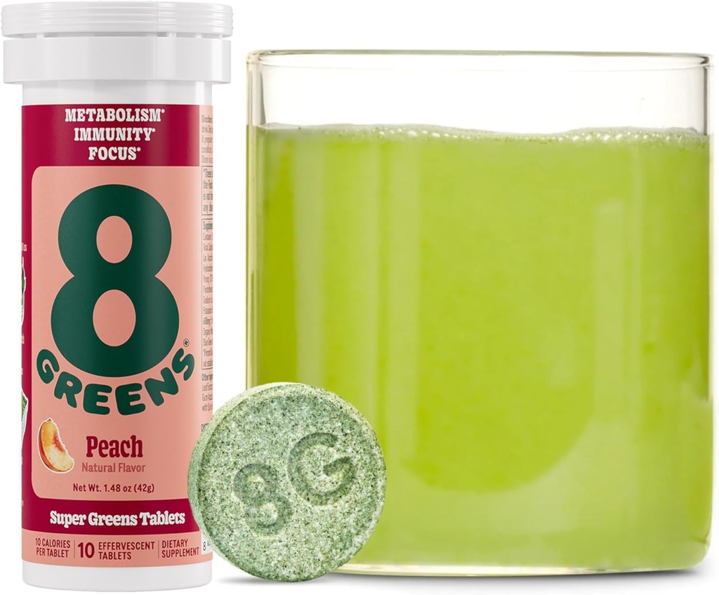 8Zielone tabletki Supergreens 124; Super Zielone tabletki w proszku Superfood Tablet, Metabolizm Immunitet & Focus, Codziennie Zielone tabletki effermuscent, Organiczne: Aloe Vera, Spirulina, Chlorella, Brzoskwinia, 10 Słupki