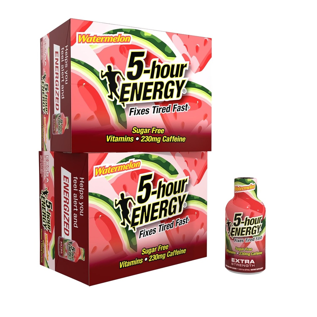 5-godzinny zastrzyk energetyczny ENERGY Extra Strength, aromat arbuzowy (1,93 oz. - 24 hrabiego) bezcukrowy i bezkaloryczny, witaminy B- i aminokwasy, 230mg kofeinowy zastrzyk energetyczny, suplement diety