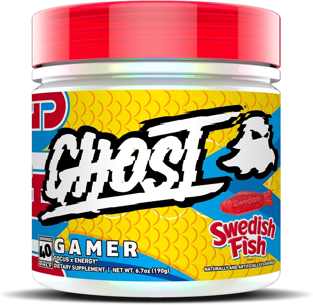 GHOST Gamer: Energy and Focus Support Formuła - 40 Służenia, Szwedzki ryb - Nootropics & Natural Kofeina na uwagę, Dokładność i czas reakcji - Wegan, Gluten- Free