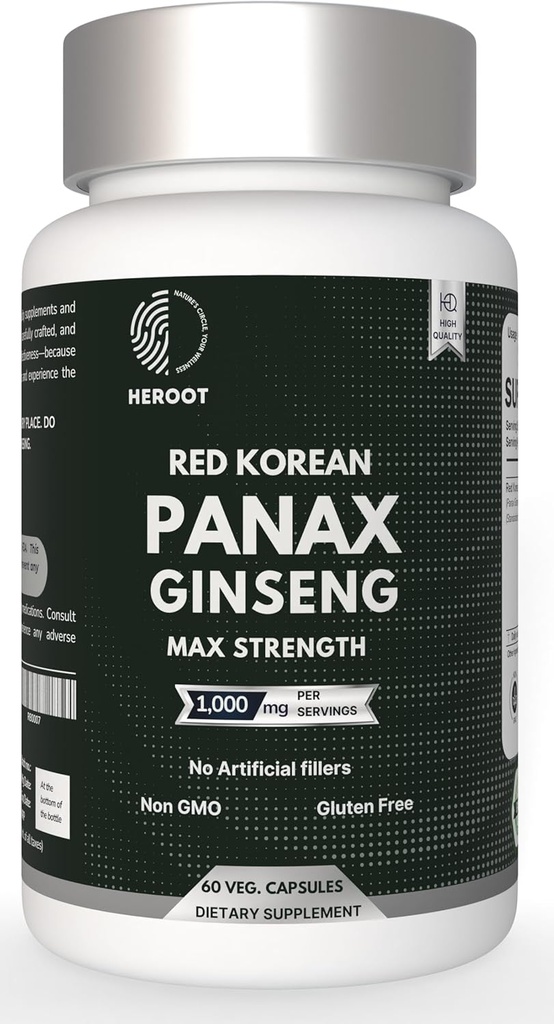 Panax Ginseng Kapsułka 500 MG Per serving Energy, Memory & Brain Health Support, Non-GMO (Opakowanie po 60 kapsułek)