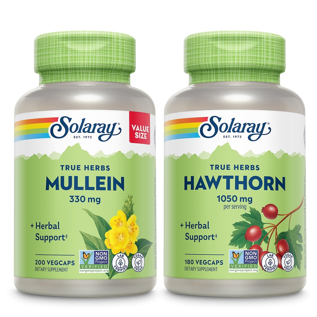 SOLARAY Mullein Leaf 330 mg i Hawthorn Berry Kapsułki 1050 mg - Kojący Pasek wsparcia ziołowego dla ogólnego zdrowia i zdrowia - Wegan, Non-GMO, 60- Day Guarantee, Laboratorium zweryfikowane, 200 / 180 VegCaps