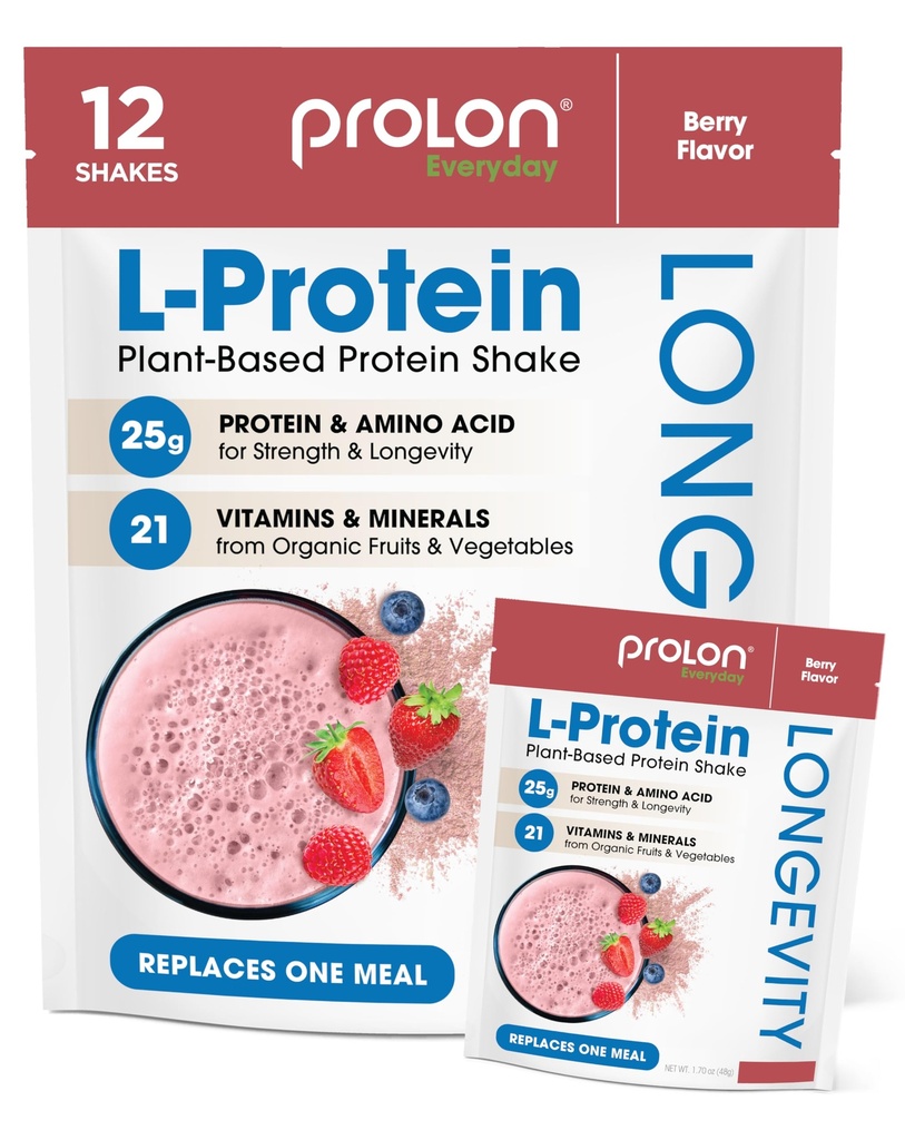 Prolon Longevity Plant Based Protein Powder Building 124; Synteza mięśni & Naprawa, Zdrowe starzenie, Boost Performance Building 124; Witaminy, Gluten Free, Amino Acids, Przeciwutleniacze 124; 25g białka 124; Berry, 12 Pakiety