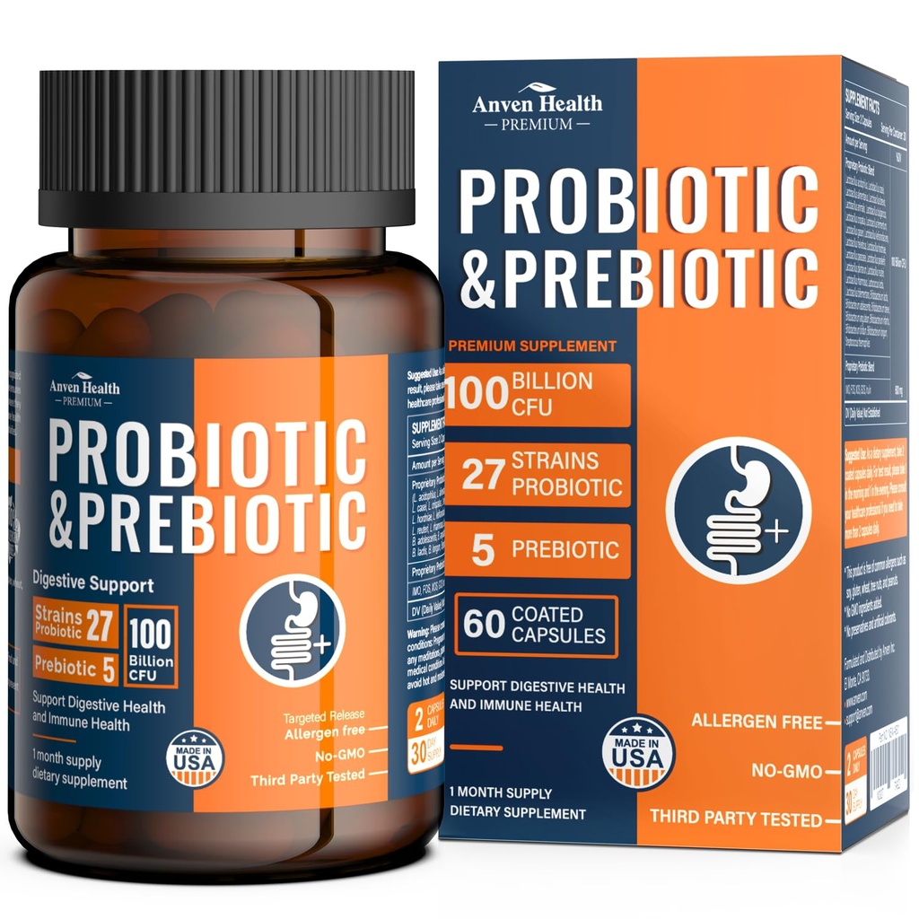 100 Miliard Probiotyki dla mężczyzn i kobiet 27 Szczepy 5 Organiczne Prebiotyki dla Gut Digestive & Immune Health, Wspiera Diarrhea Gas Bloating, Non-GMO, Zero Fillers - Made in USA